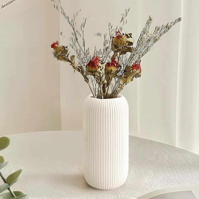 Zonlam 8-Inch White Ceramic Ribbed Vase – Elegant Decorative Vase for Pampas Grass & Modern Interiors