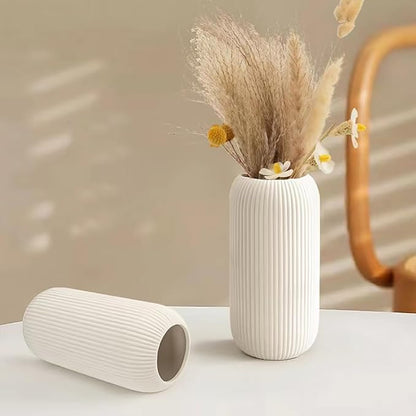 Zonlam 8-Inch White Ceramic Ribbed Vase – Elegant Decorative Vase for Pampas Grass & Modern Interiors