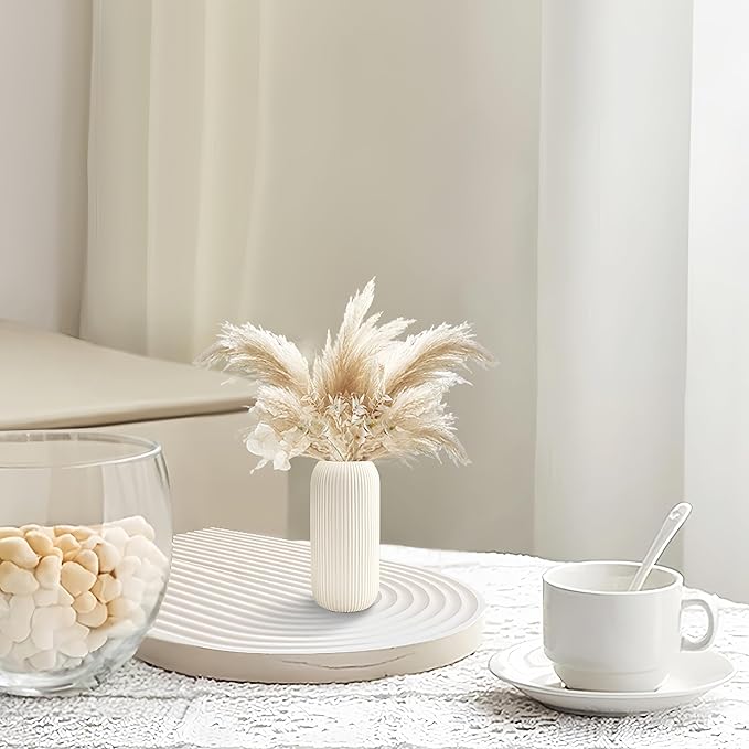 Zonlam 8-Inch White Ceramic Ribbed Vase – Elegant Decorative Vase for Pampas Grass & Modern Interiors